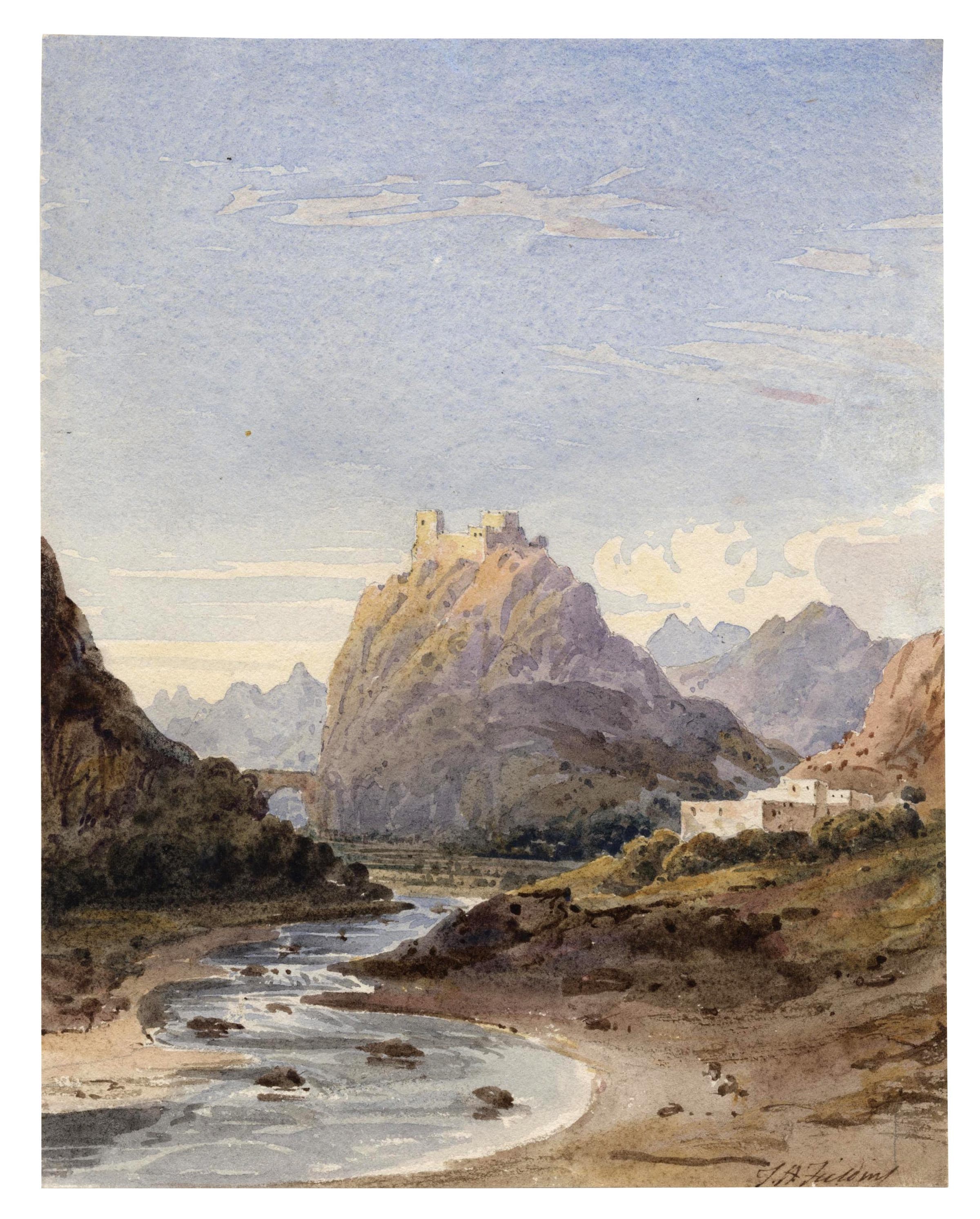 Paysage de montagne avec une citadelle surplombant une rivière