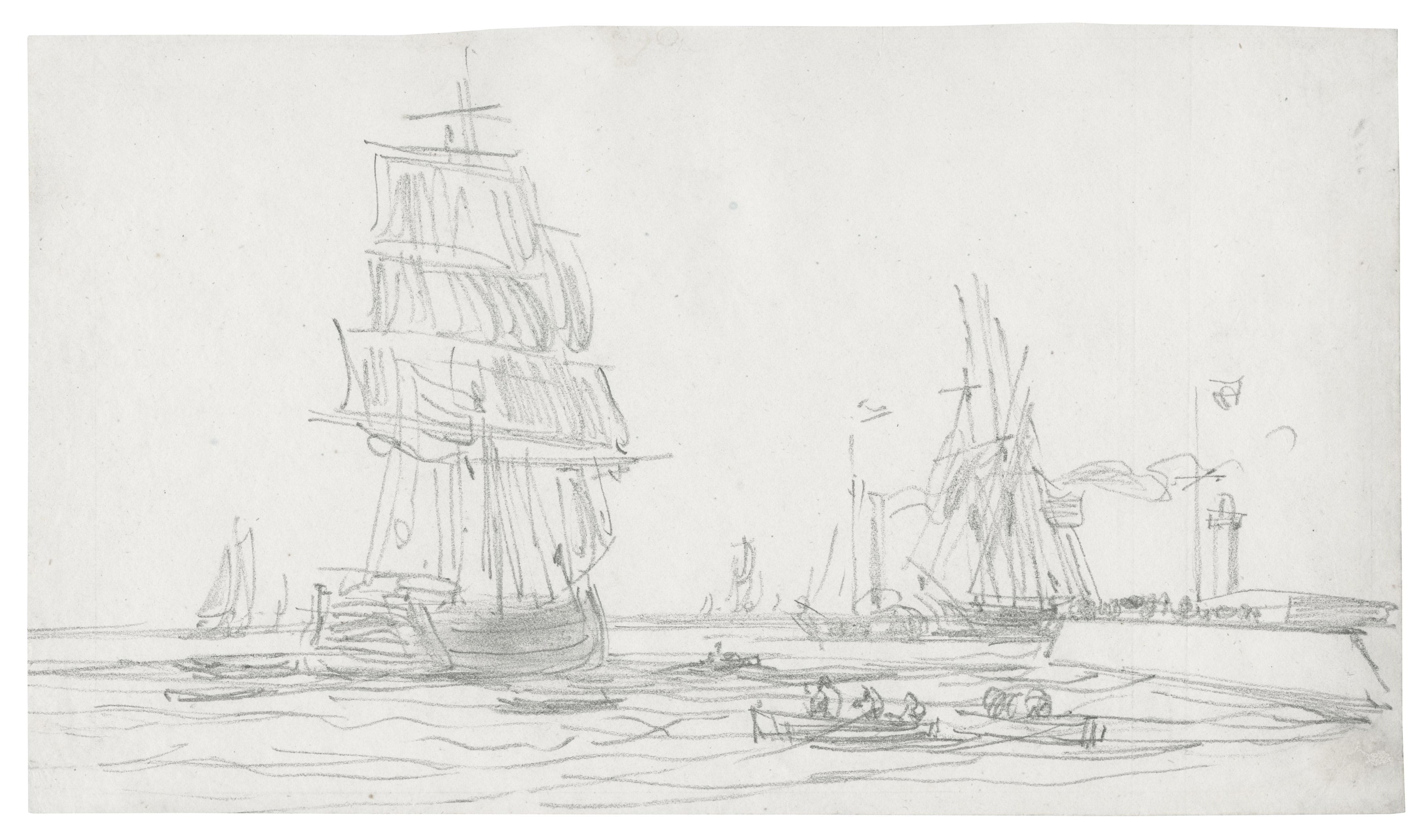 The pier and the Honfleur's beacon, sailing boats and rowboats