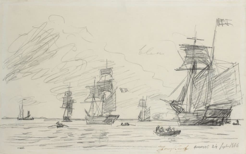 JONGKIND – Voiliers et barques sur l’Escaut, devant l’église d’Oosterweel près d’Anvers