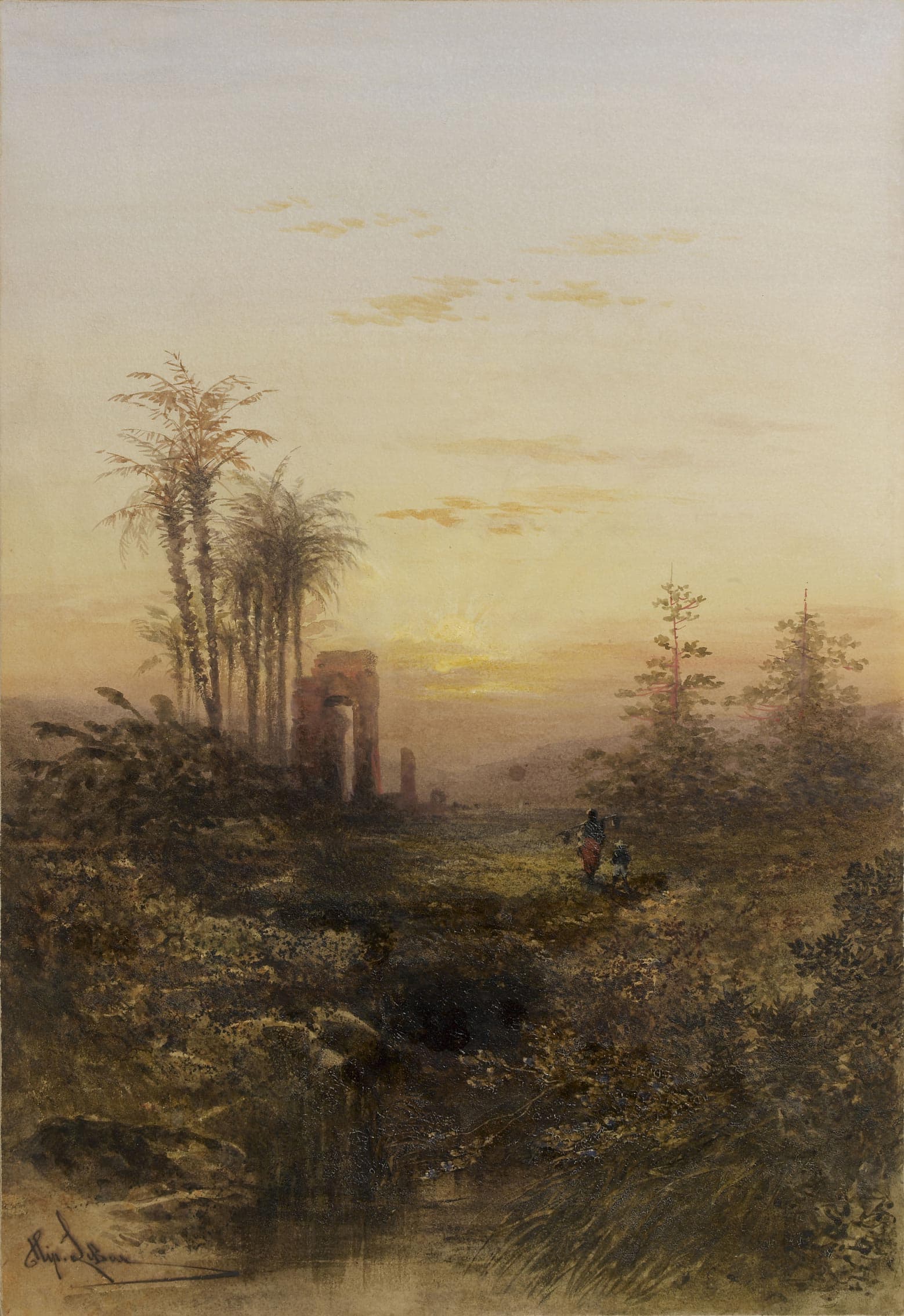 Oriental landscape with a sunset