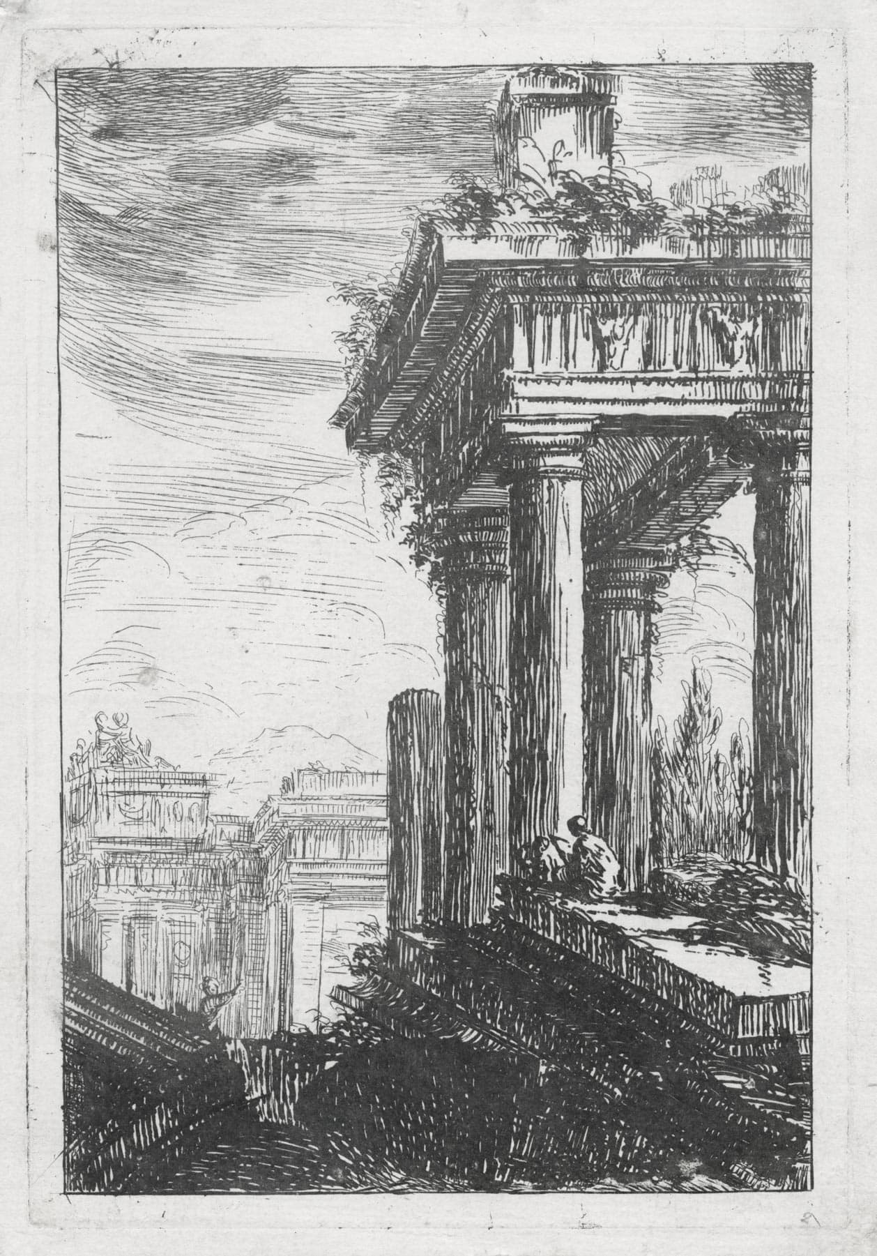 Ruines d'un grand temple dominant un palais