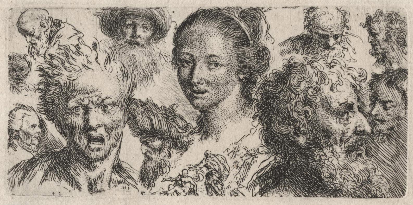 Woman in a bust portrait and men's heads