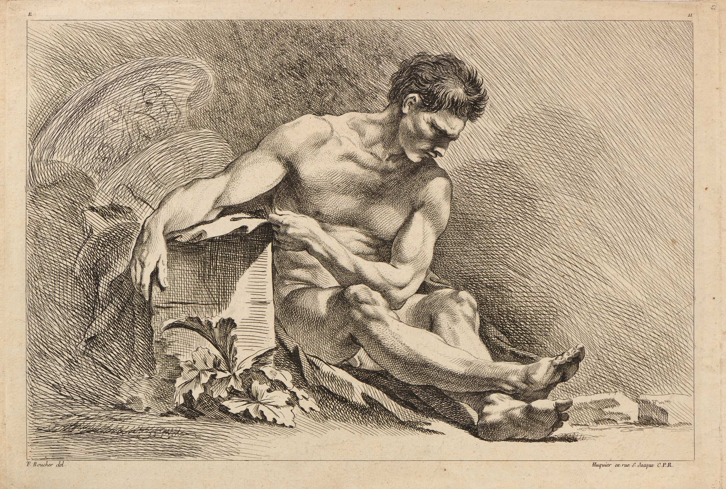 Homme assis à terre, un vase derrière lui