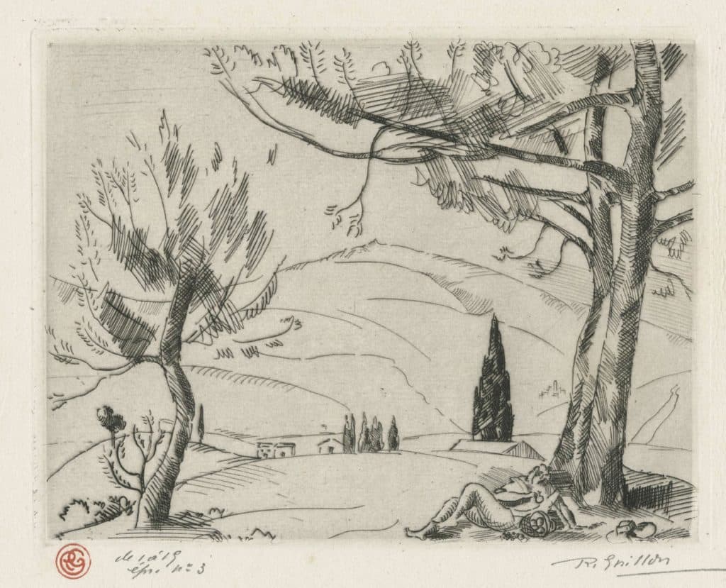 Grillon – Paysage vallonné, au personnage allongé au premier plan