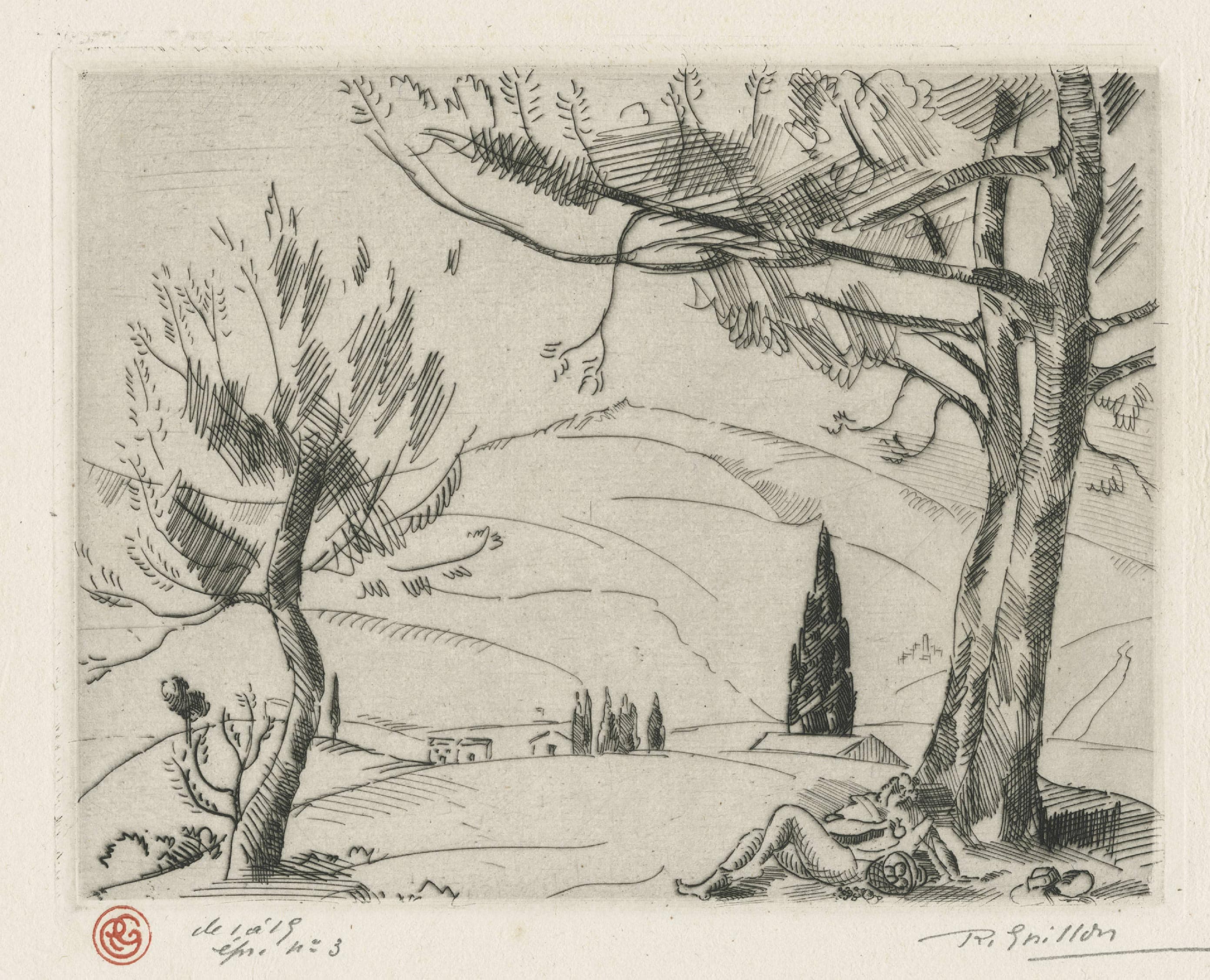 Paysage vallonné, au personnage allongé au premier plan