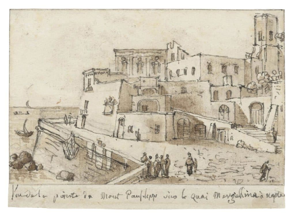 Nicolle – Vue de la pointe du Mont Pausilippe sur le quai Mergellina à Naples