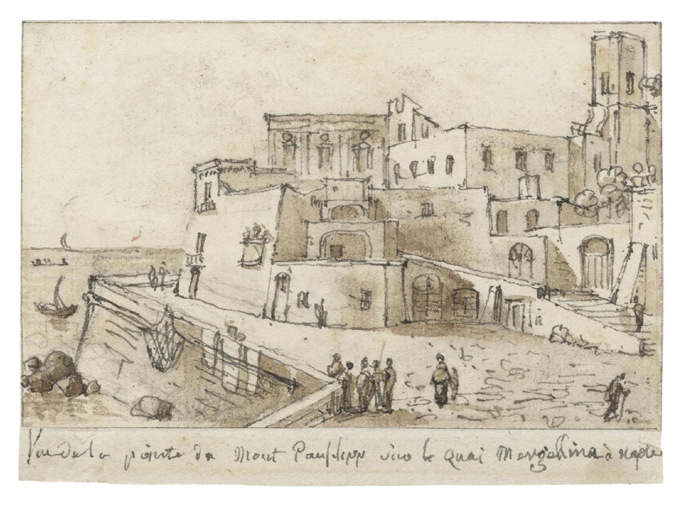 View of the top of the Pausilippe Mount on sur Mergellina quay in Naples