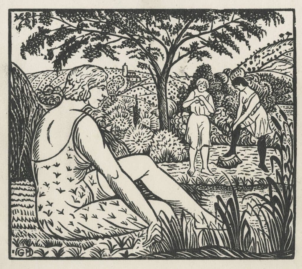 Maillol (Gaspard) – Trois femmes au bord d’une rivière dans un paysage méditerranéen