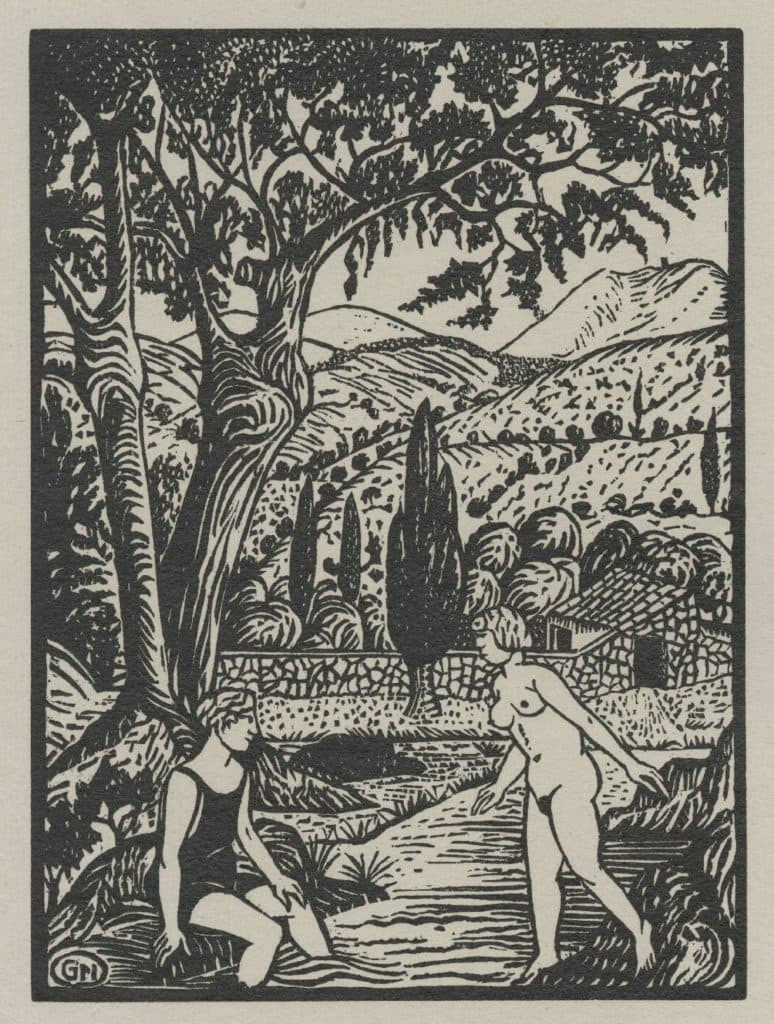 Maillol (Gaspard) – Sous un grand arbre, deux baigneuses trempant leurs pieds dans une rivière