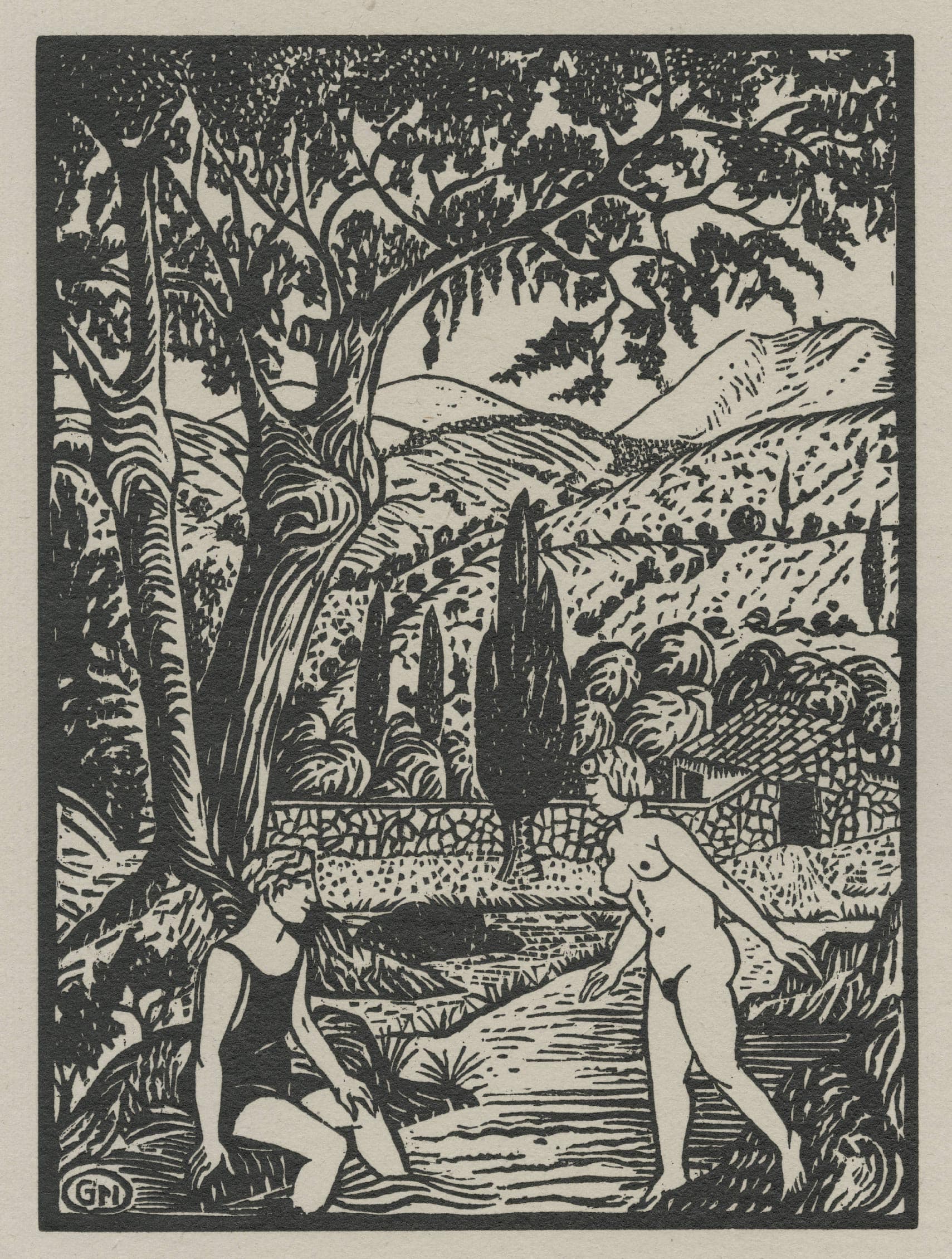 MAILLOL Gaspard — Sous un grand arbre, deux baigneuses trempant leurs pieds dans une rivière