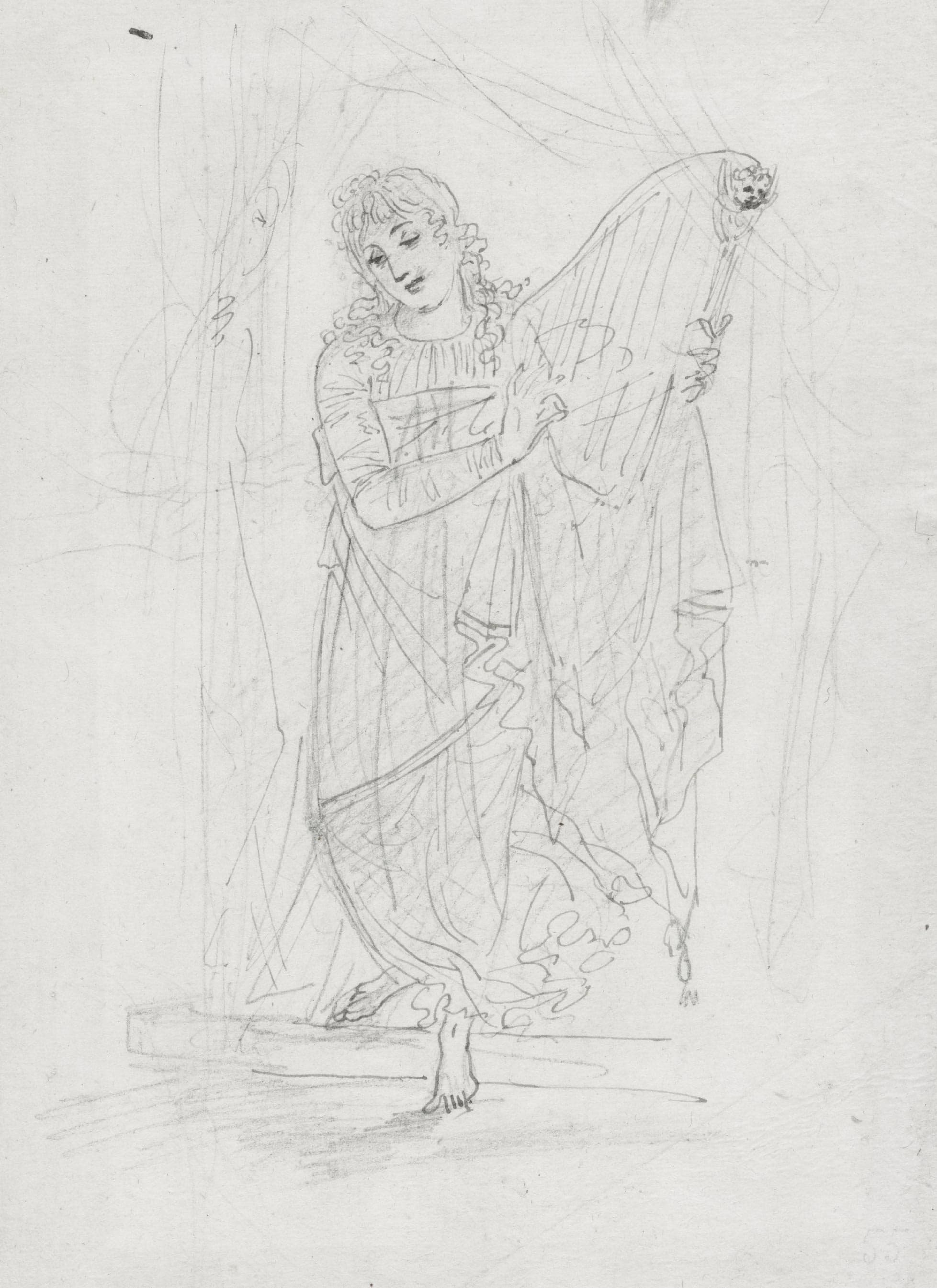 David holding a harp, sketch for David playing the harp for king Saül