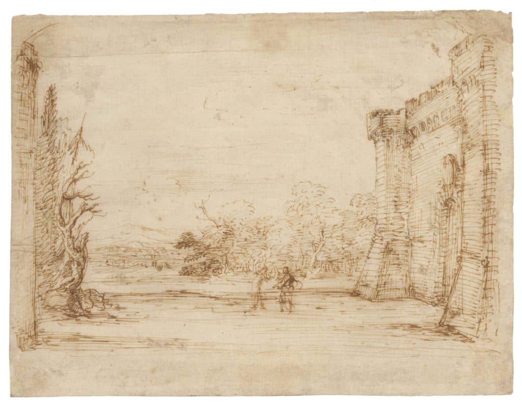 Attribué à Cittadini – Décor de théâtre animé de deux personnages