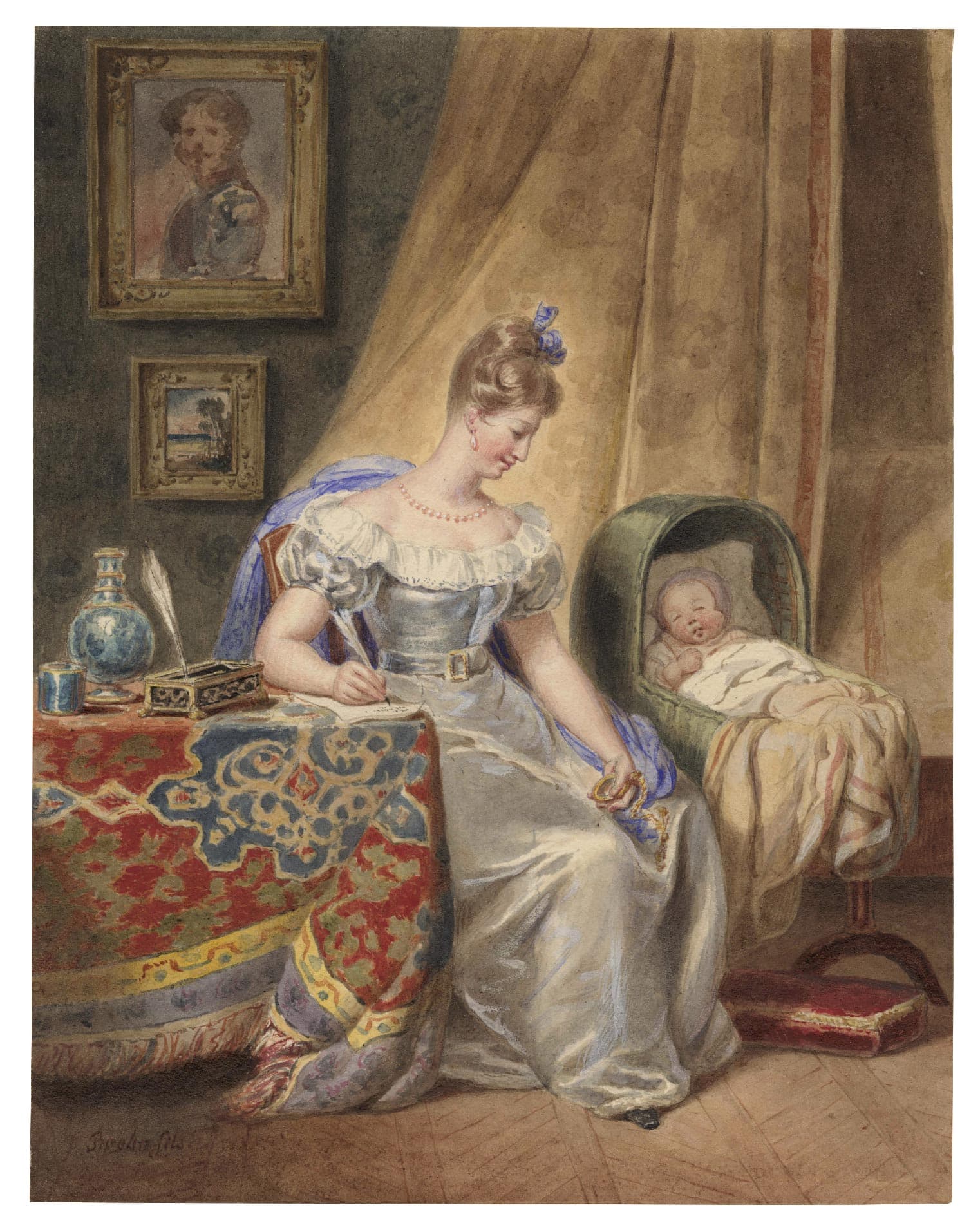 Young mother at her correspondance, near her a child in a moses basket