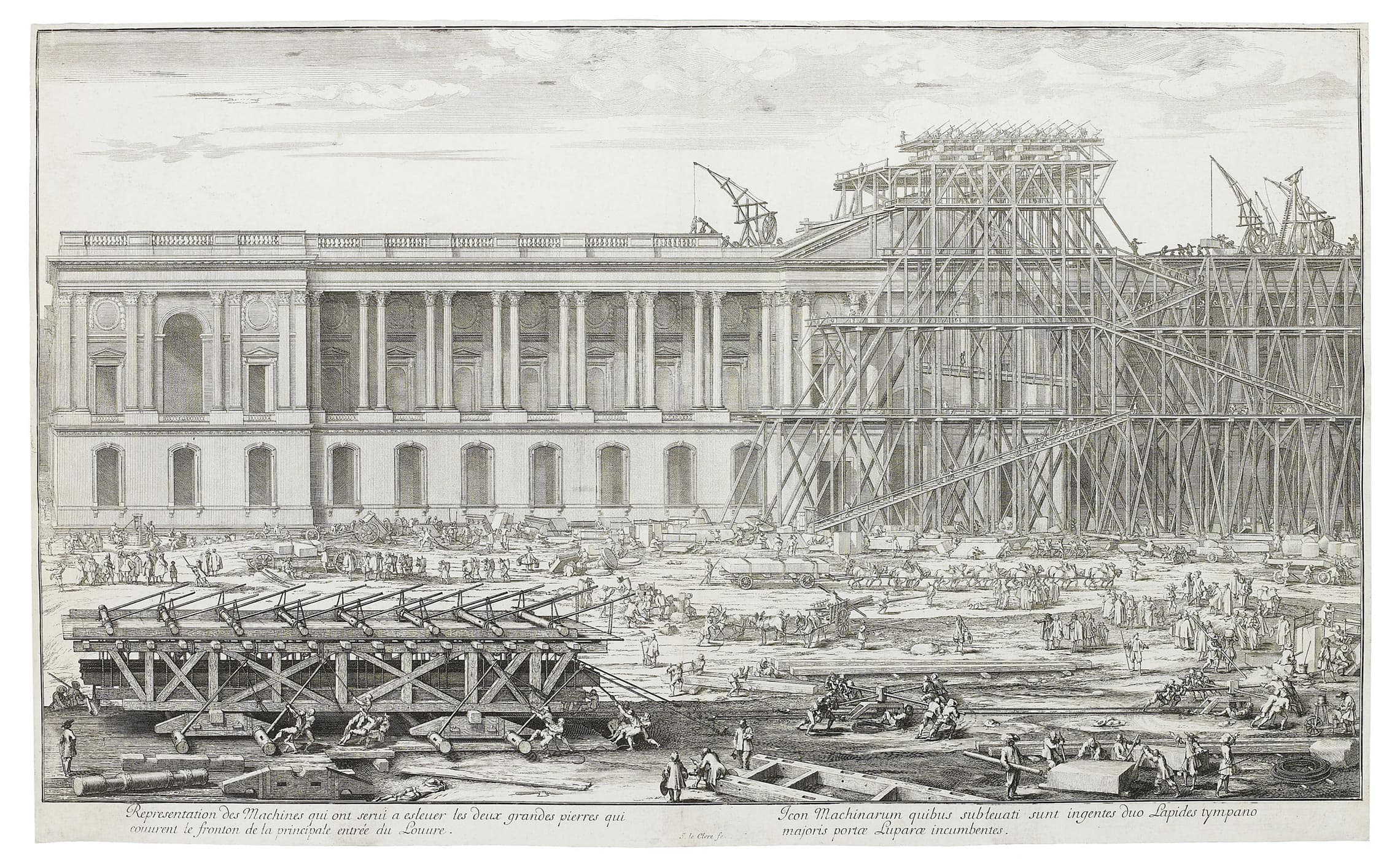 Représentation des Machines qui ont servi à eslever les deux grandes pierres qui couvrent le fronton de la principale entrée du Louvre