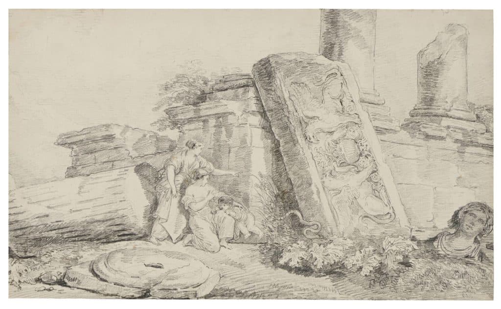 Robert (Hubert) – Deux femmes et un enfant surpris par un serpent dans un paysage de ruines