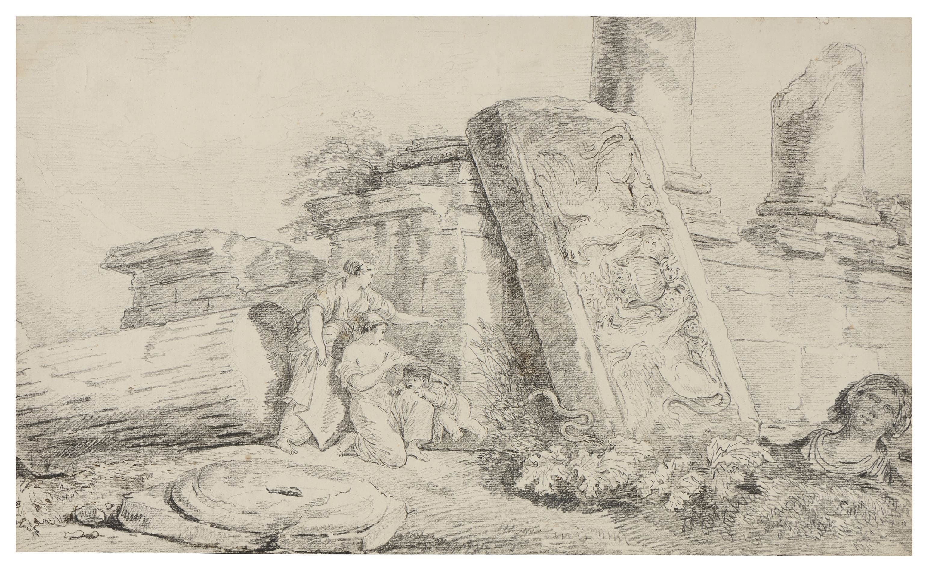 Two women and a child suprised by a snake in a ruins landscape