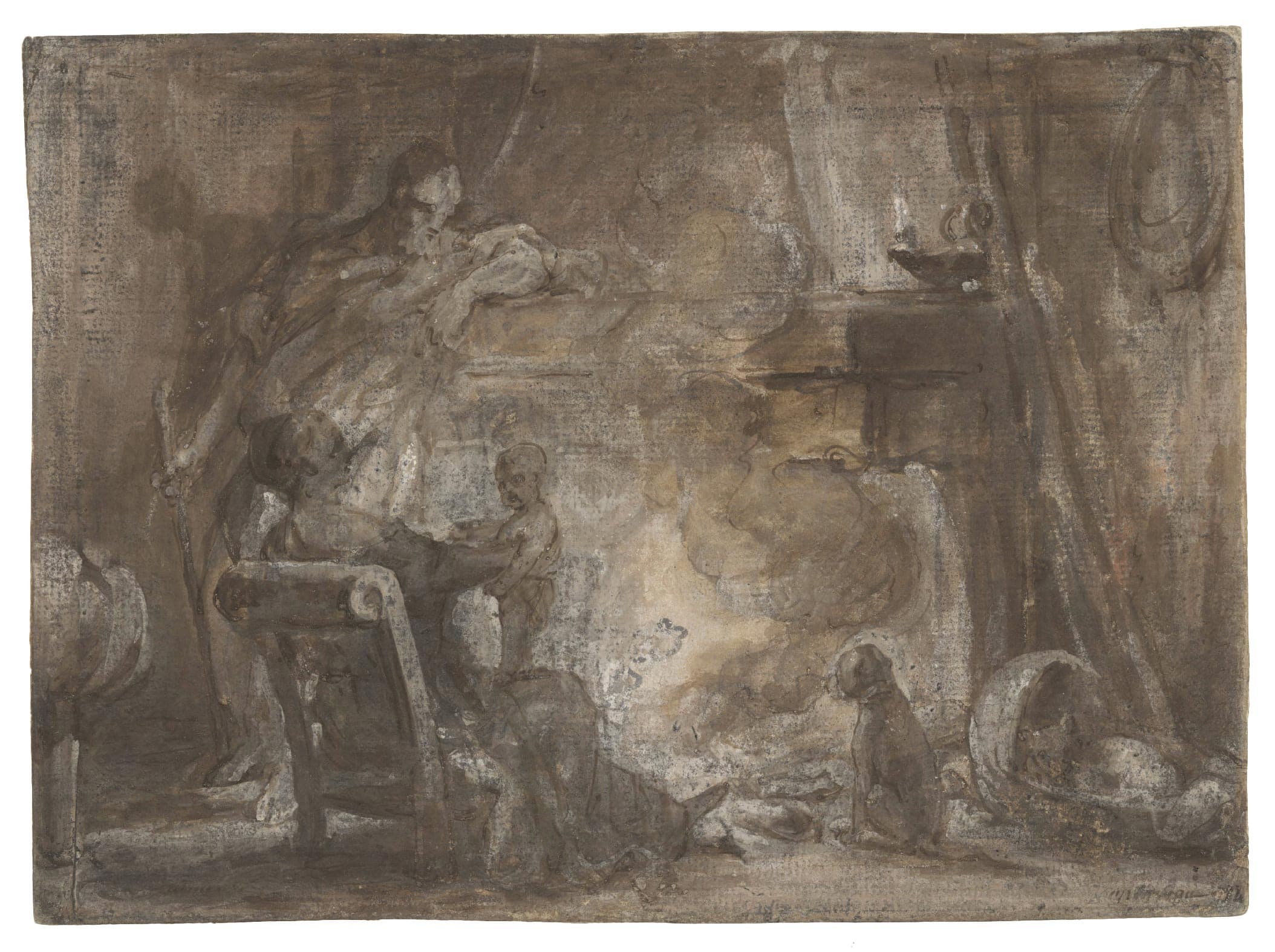 Family around a fireplace