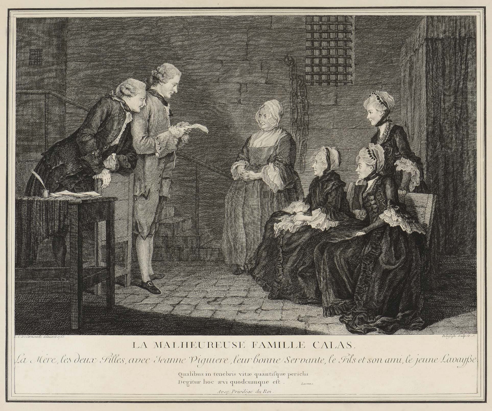 The unhappy family Calas. The mother, the two girls, with Jeanne Viguiere, the servant, the son and his friend, the young Lavayße.