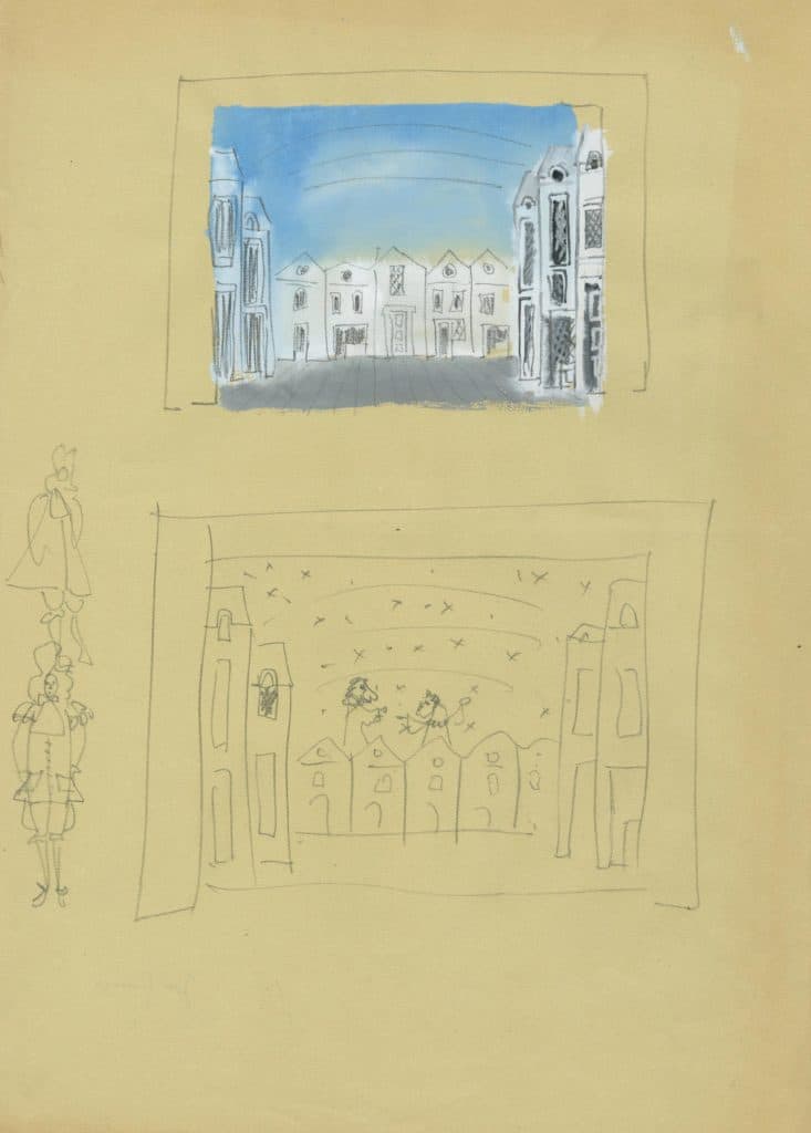 Quiroga – Deux études de décors pour Monsieur de Pourceaugnac de Molière, en marge gauche deux études de costumes