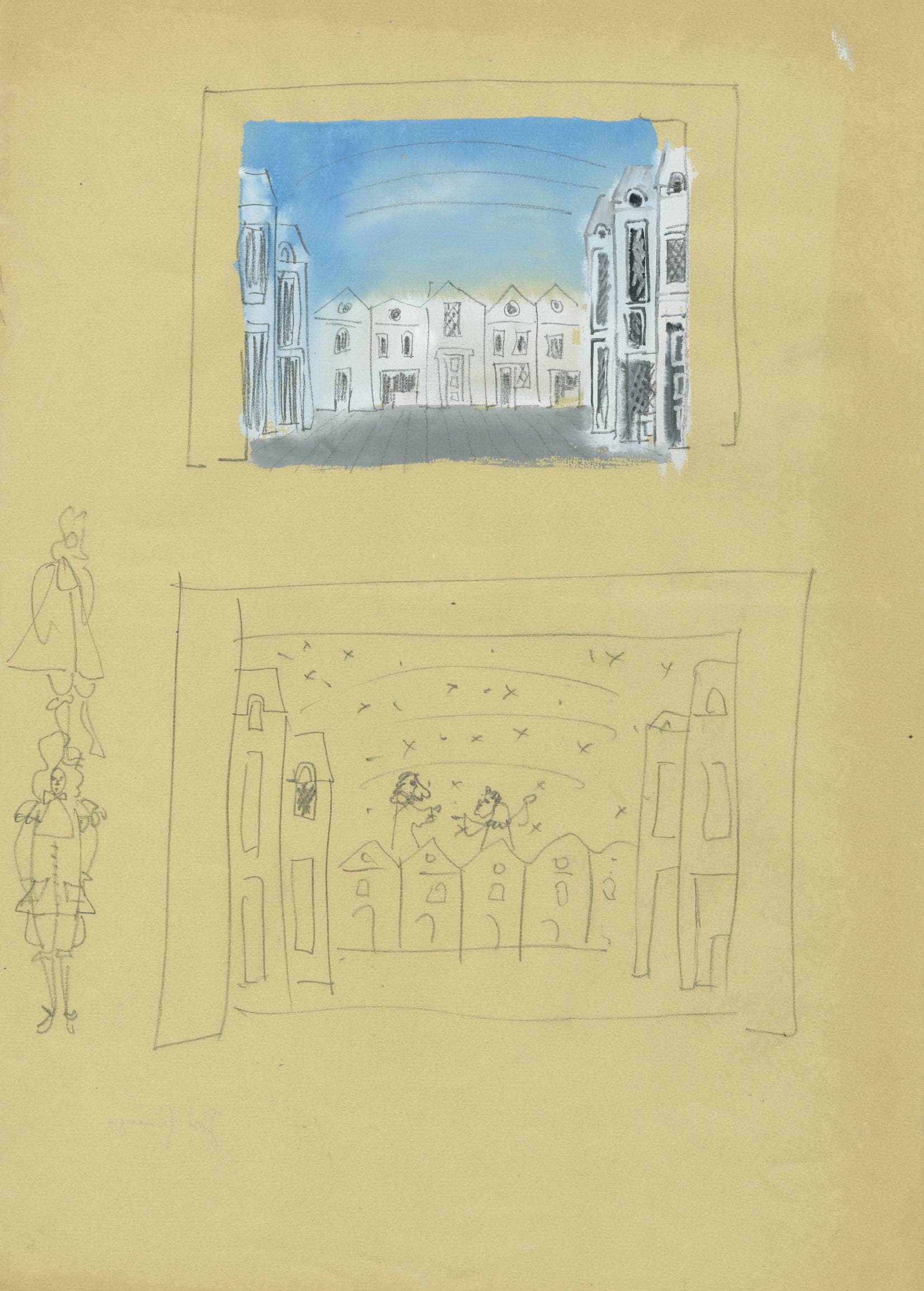 Two decor studies for Sir de Pourceaugnac of Molière, in margins left two costums studies