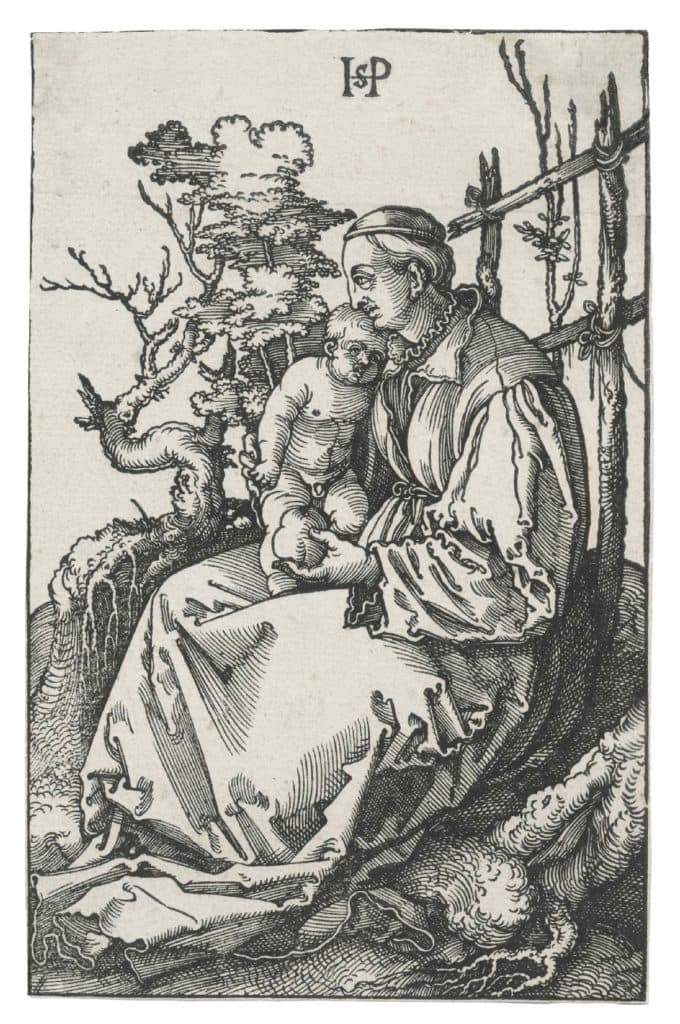 Beham – Vierge à l’Enfant, à la poire, assise sur un banc