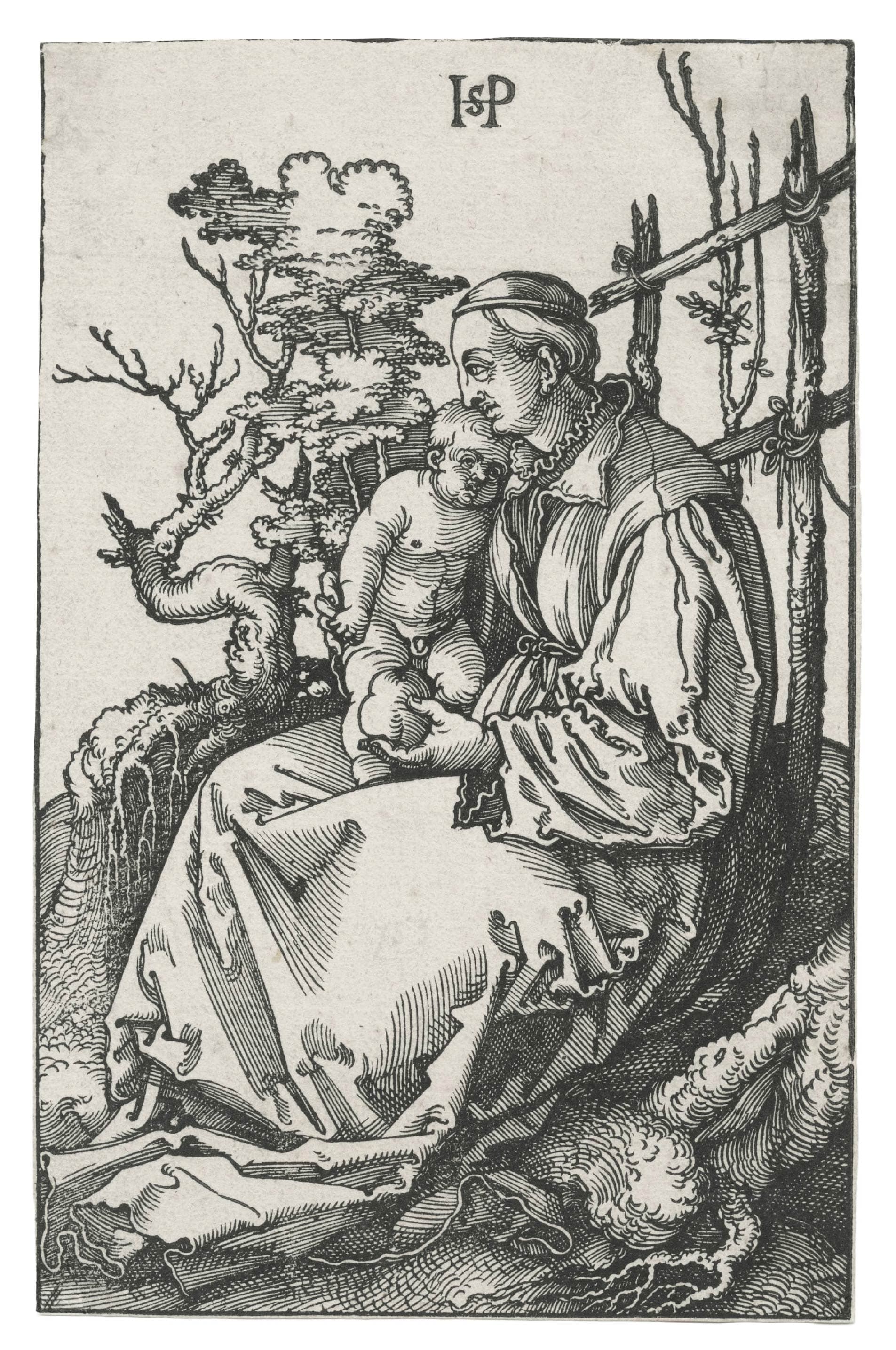 Vierge à l’Enfant, à la poire, assise sur un banc