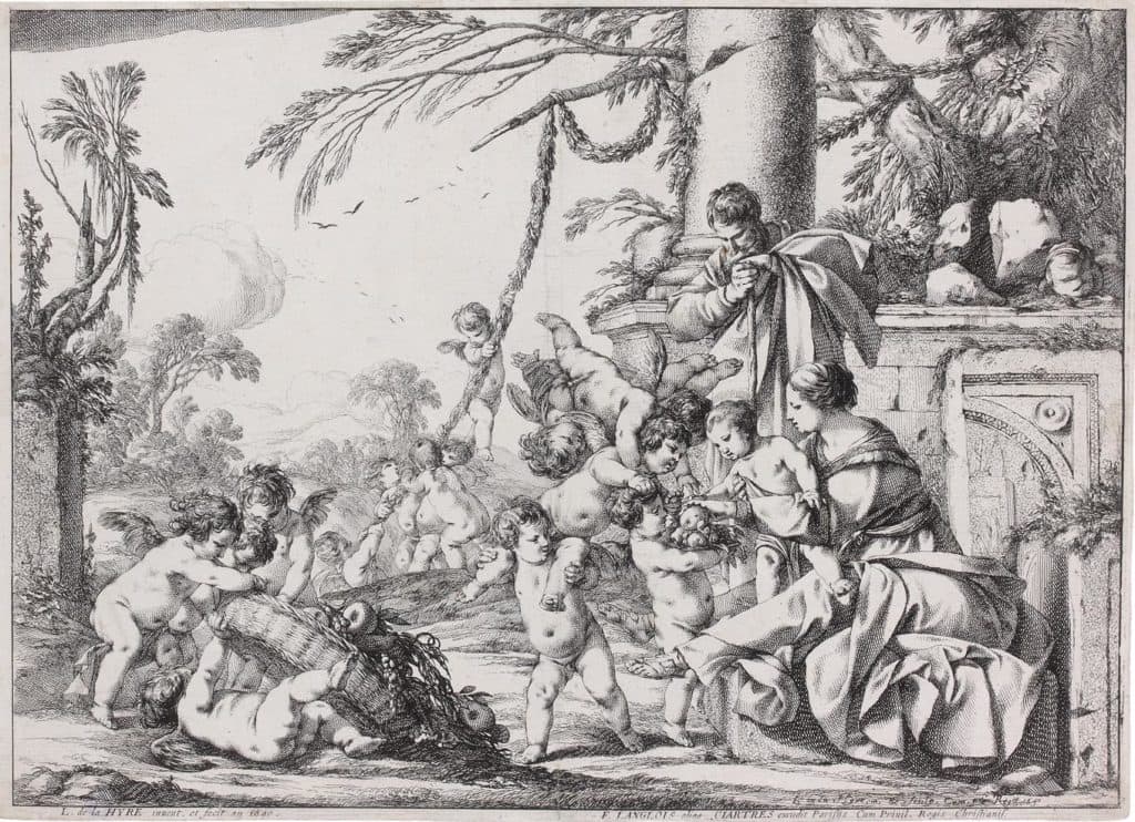 La Hyre – La Sainte Famille servie par les anges avec la corbeille renversée