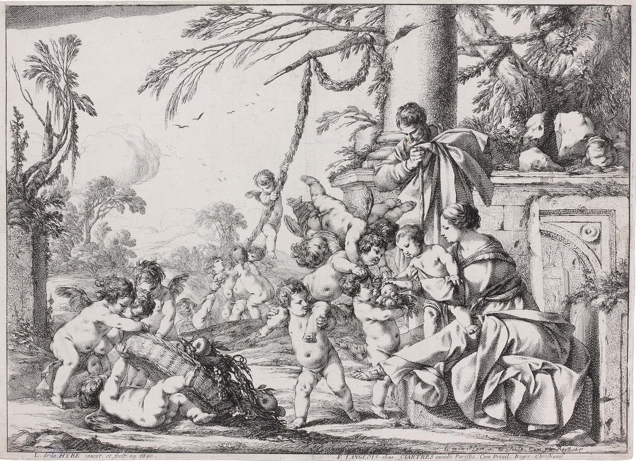 La Sainte Famille servie par les anges avec la corbeille renversée