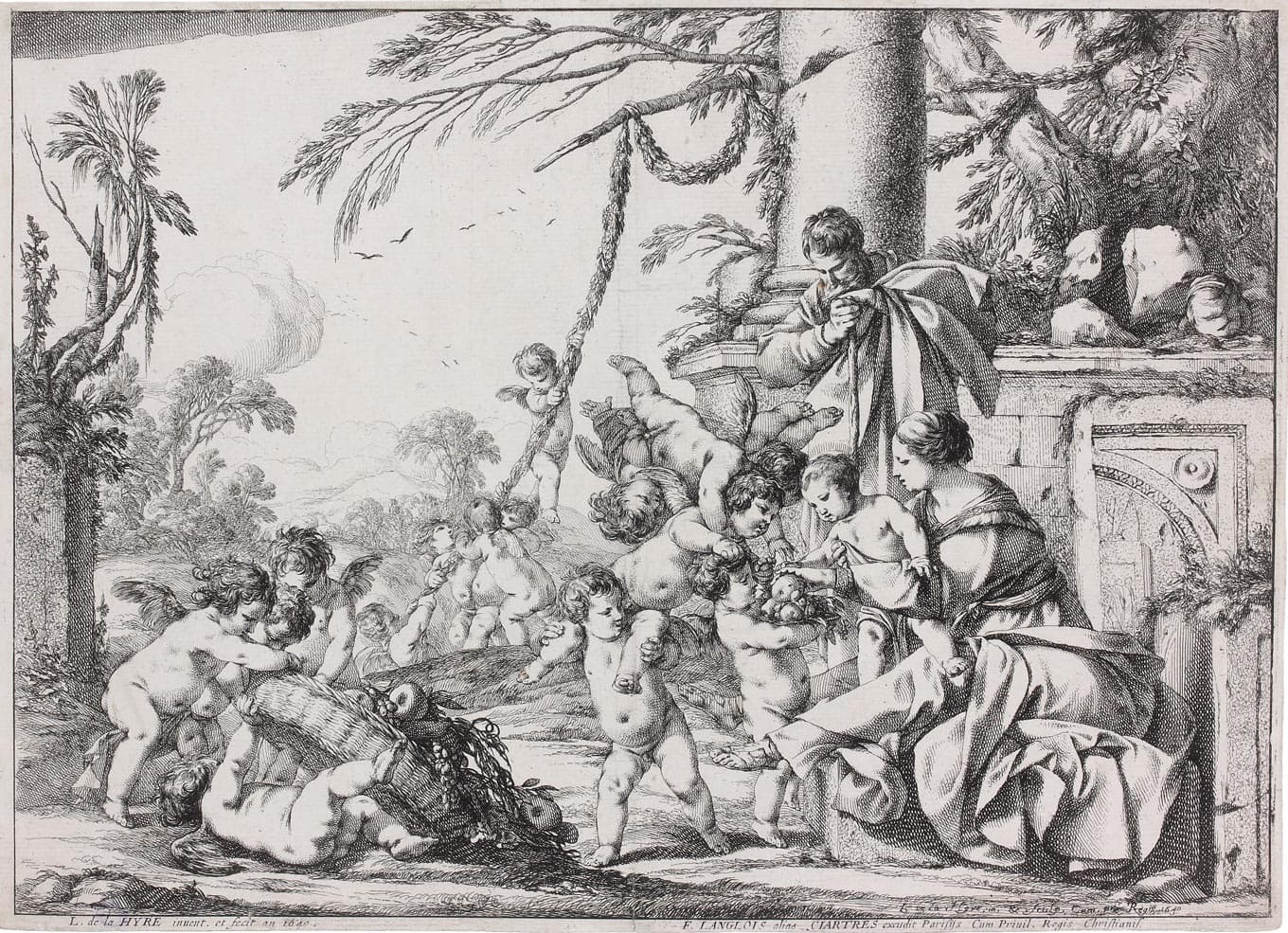 La Sainte Famille servie par les anges avec la corbeille renversée