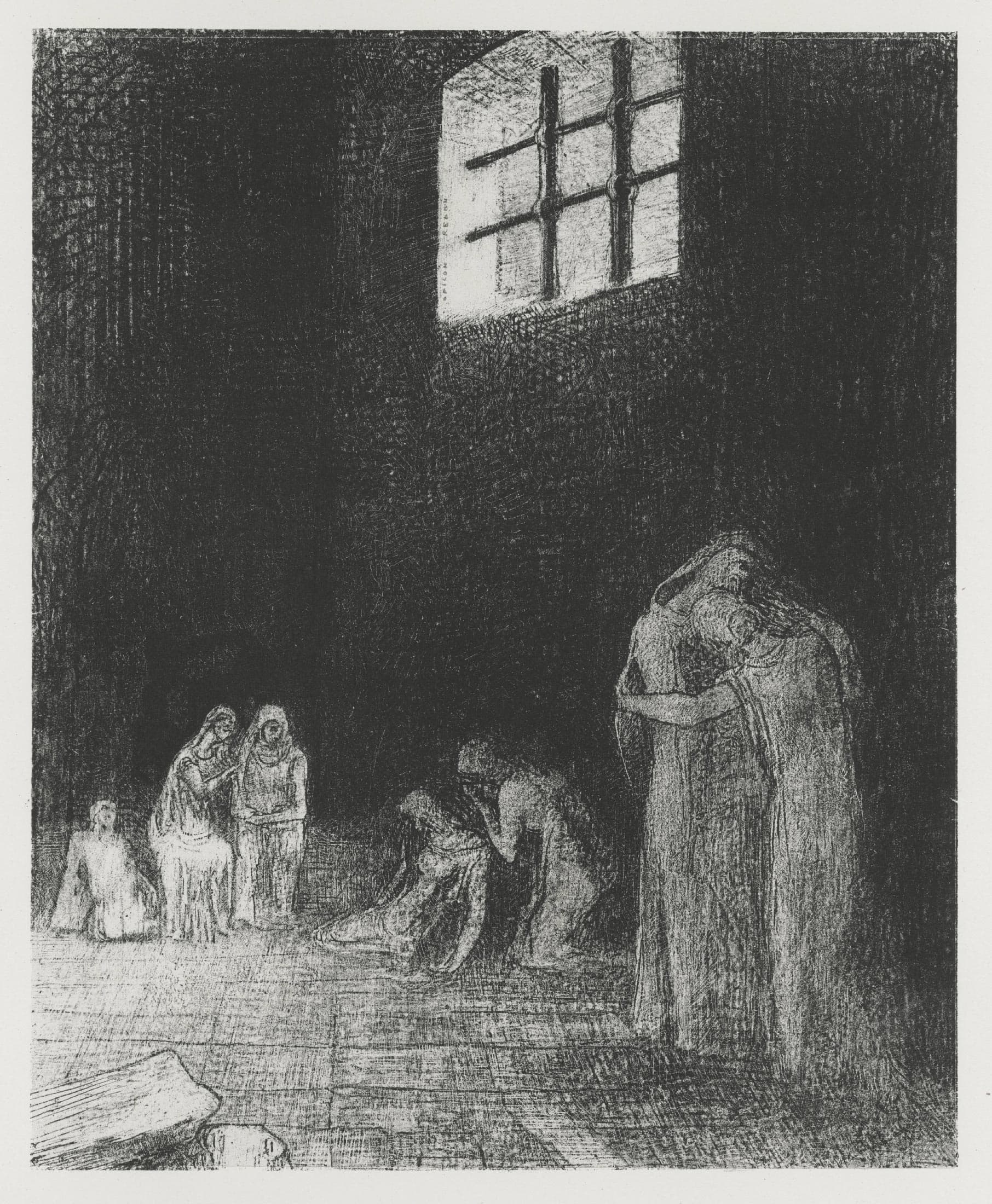 Dans l’ombre des gens pleurent et prient entourés d’autres qui les exhortent…