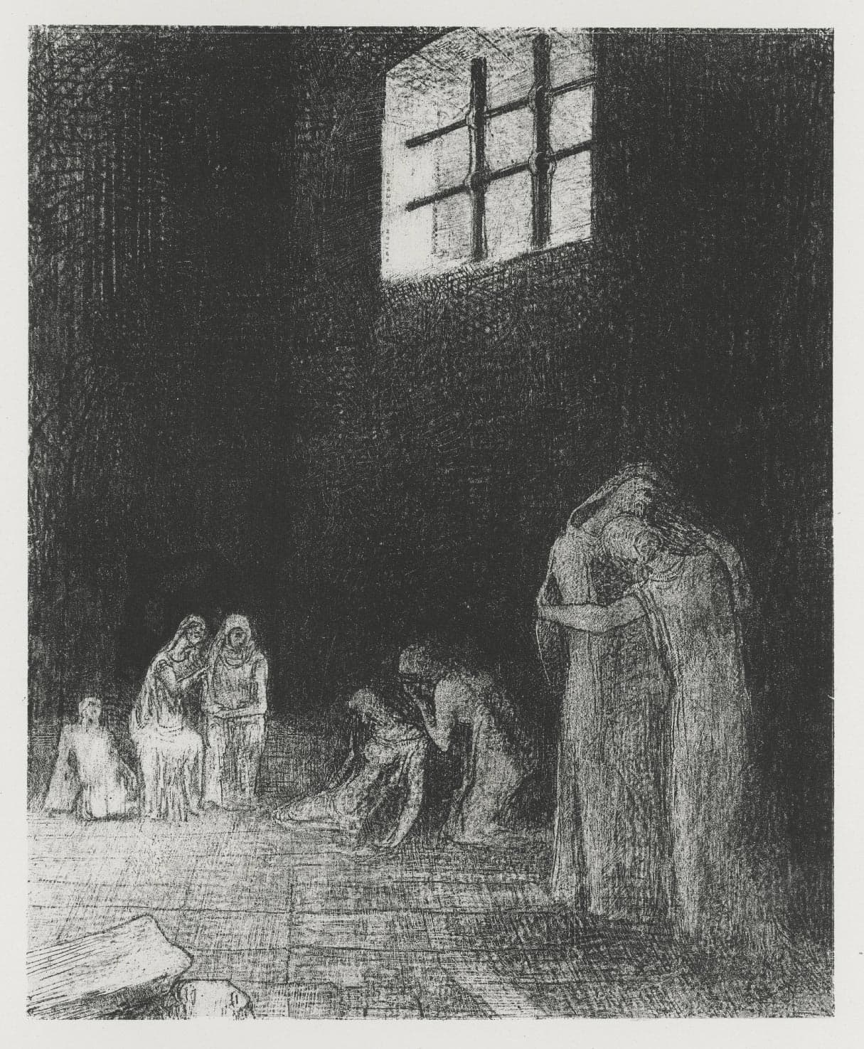 In shadow people cry and pray ercircled by other who exhort them...