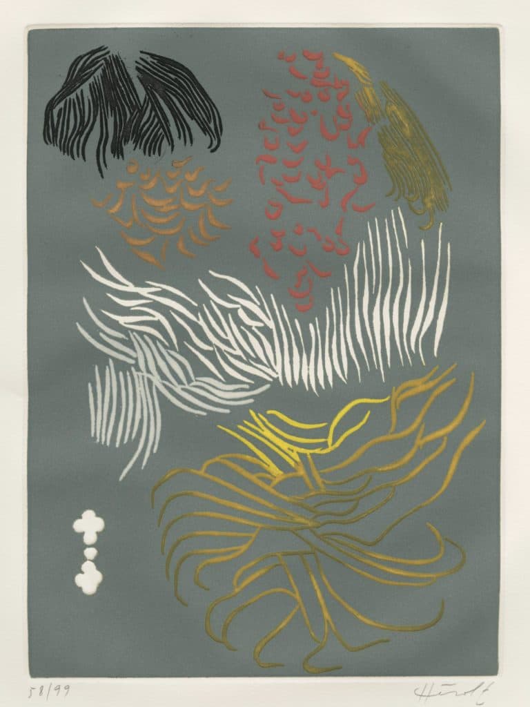 Hérold – Sans titre (composition abstraite en gris, brun, jaune, rose, noir et blanc).