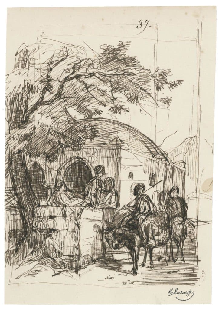 Lalaisse – Halte de commerçants sur la place d’un village