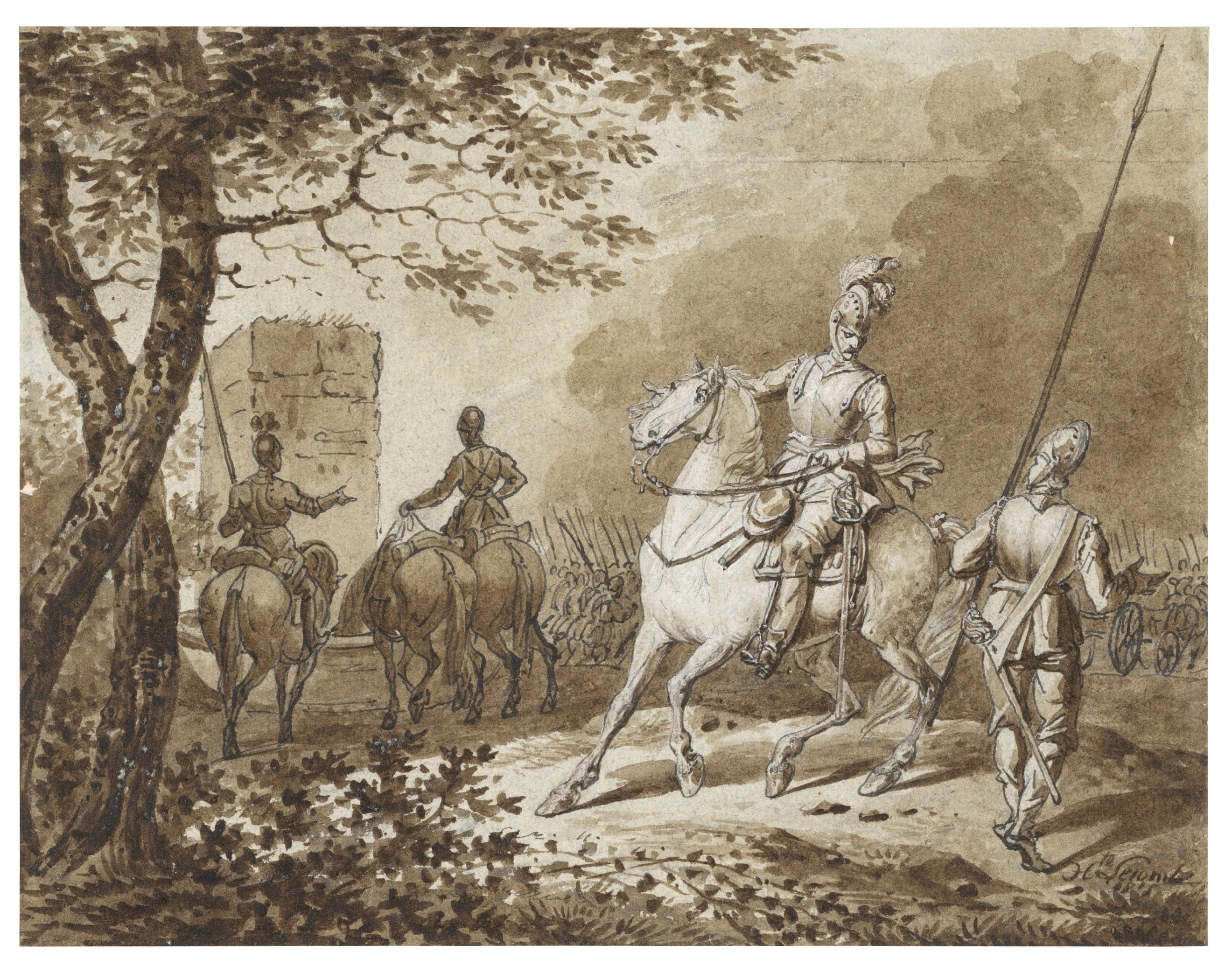 Soldats à cheval se préparant avant la bataille