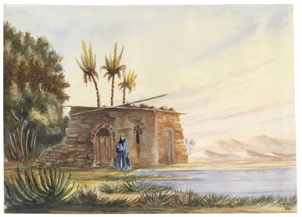 Louvel – Dans une oasis une femme voilée attendant devant une maison à l’abandon ; au verso, essais d’aquarelle