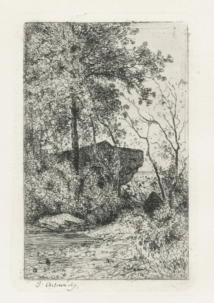 Achard – Une grosse roche au milieu, une masse d’arbres et de l’eau à gauche