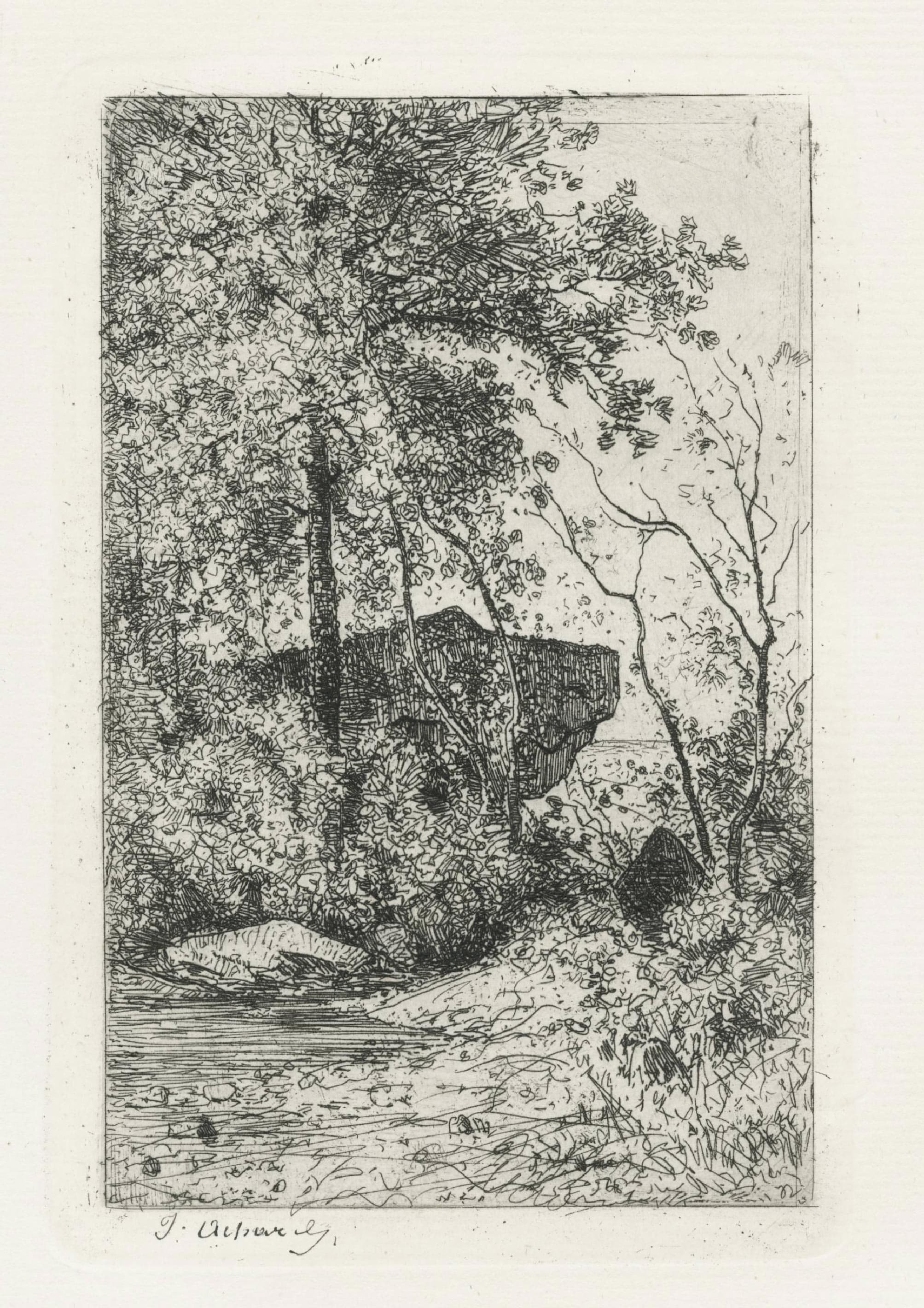 Big rock in the middle, a mass trees and water on the left