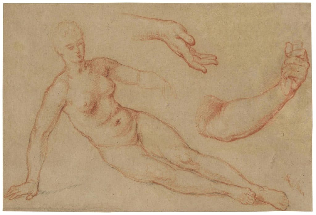 Marot (François) – Femme nue allongée, s’appuyant sur sa main droite ; études de main