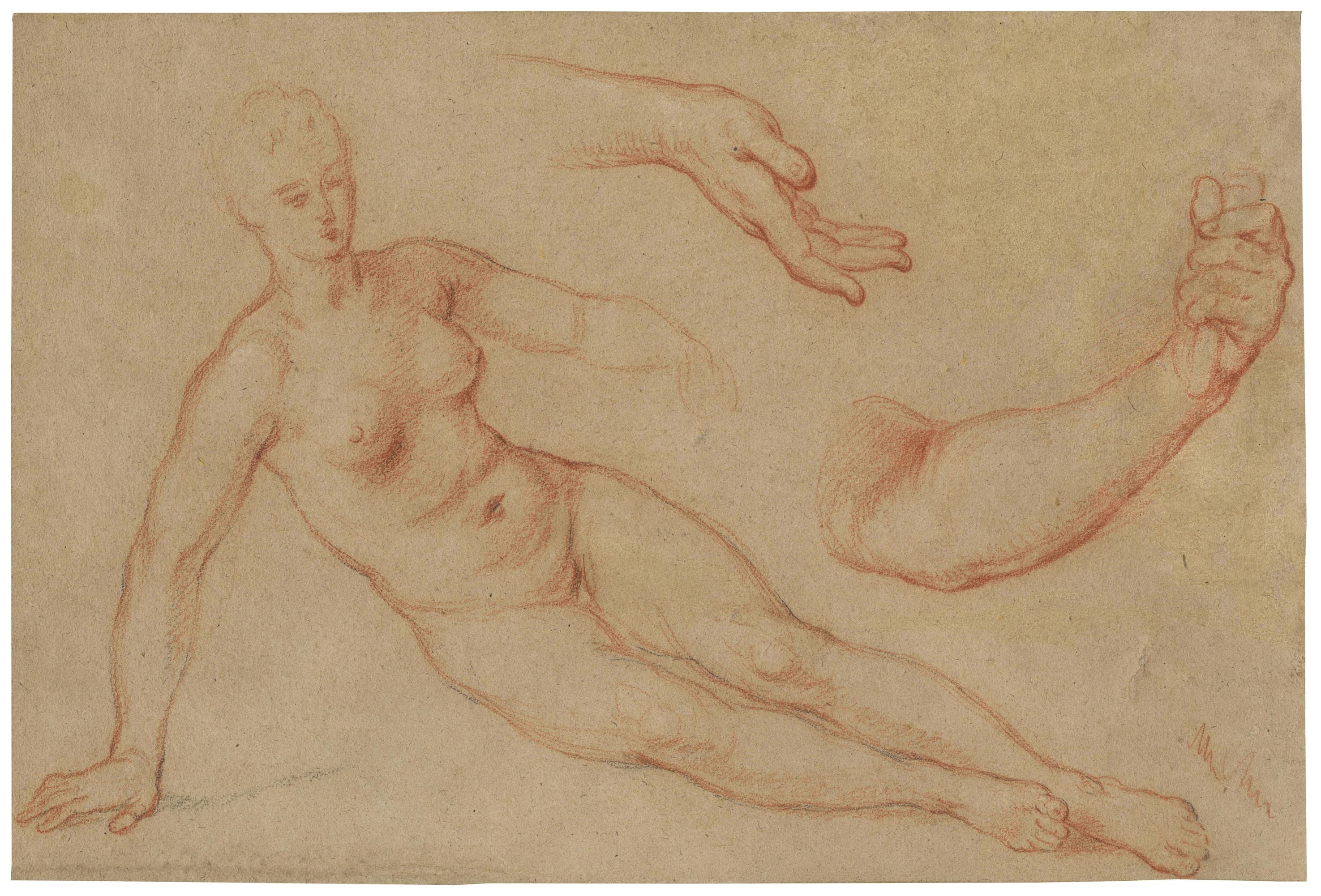 Femme nue allongée, s’appuyant sur sa main droite ; études de main