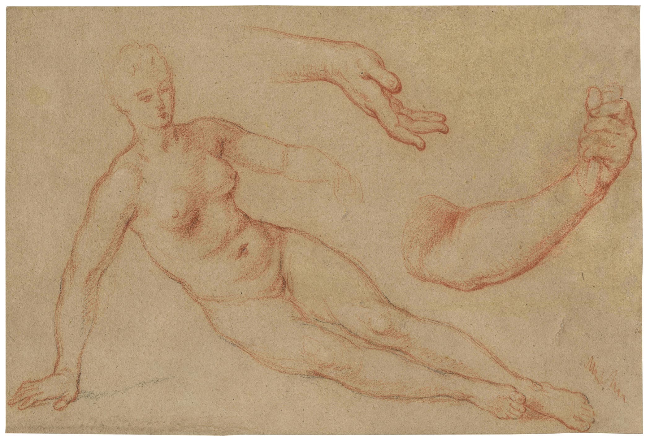 Femme nue allongée, s’appuyant sur sa main droite ; études de main