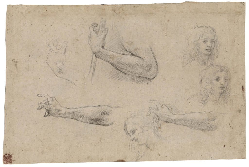 Volterrano – Études d’une main tenant un bâton, deux études du visage d’un jeune homme et d’une femme de profil