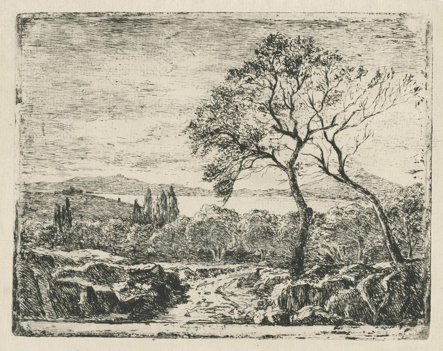 View over the yews and stone pins