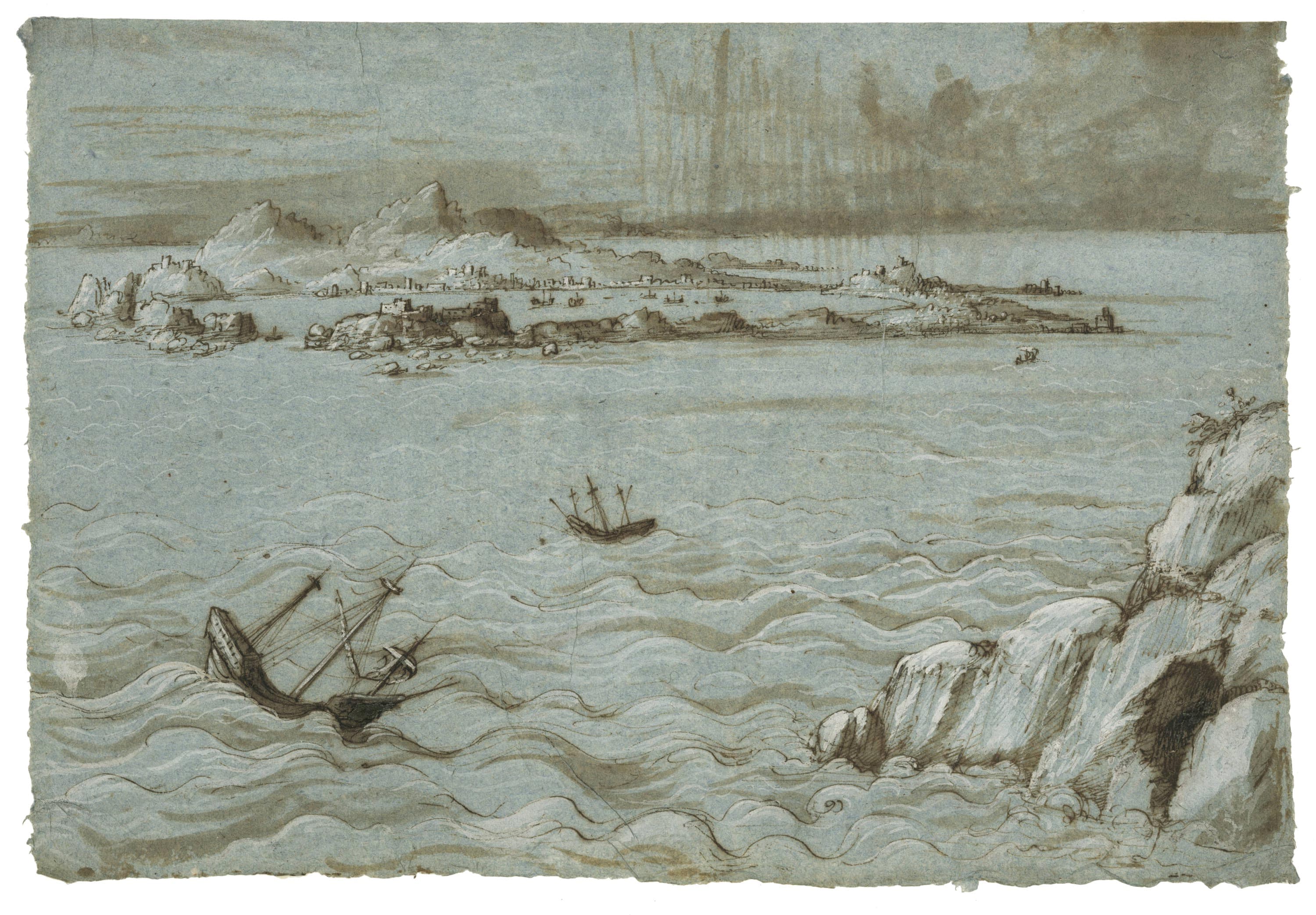 Marine avec une île fortifiée en arrière-plan