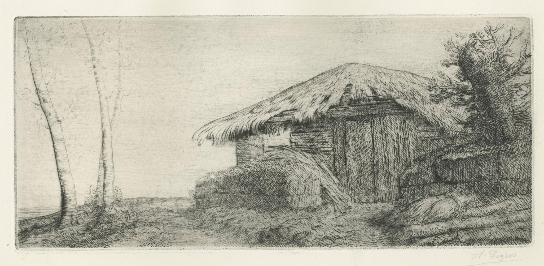 Sheepfold on a hill, barn with three trees on the left