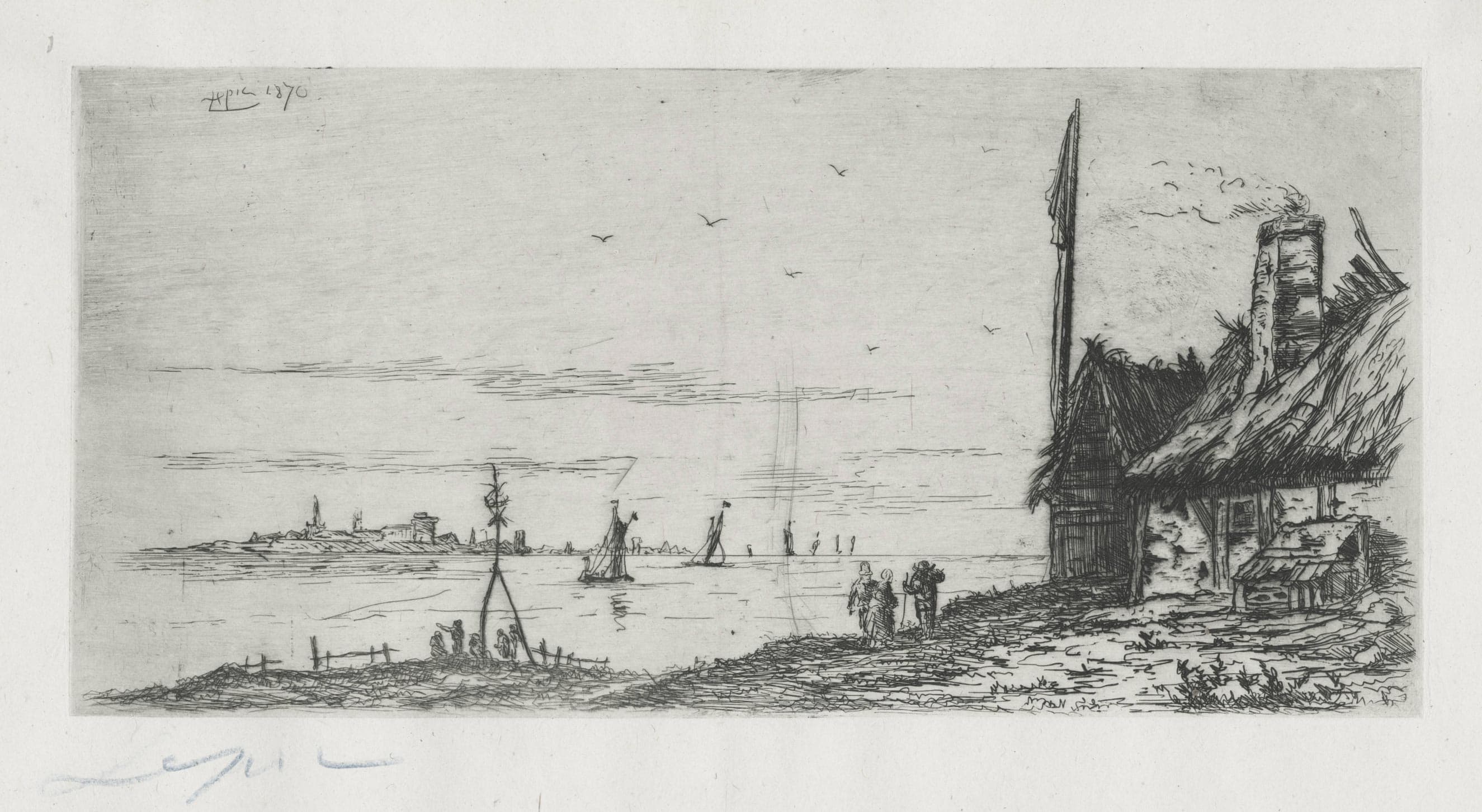 River shore with sailing boats, on right side two buildings and three figures