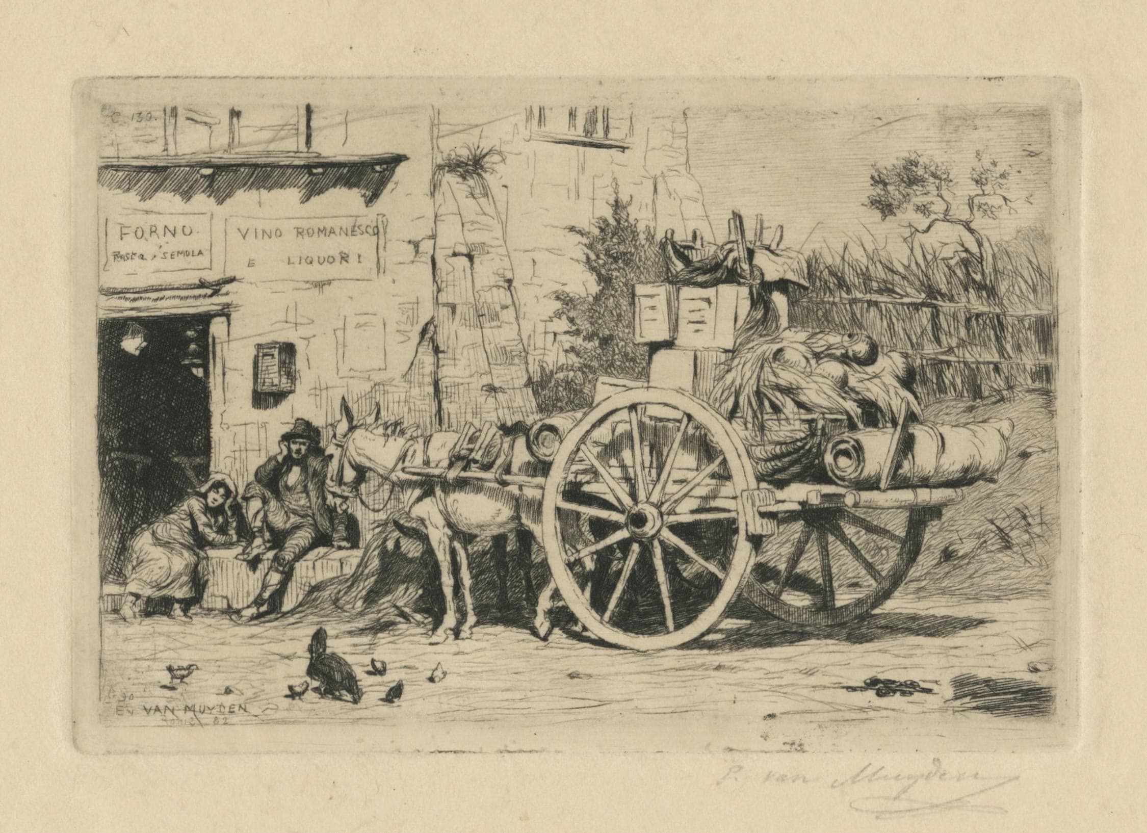 Two peasants and a cart in front of an inn in Rome
