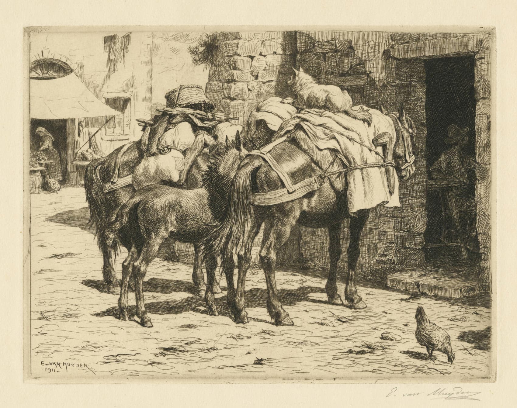 Two laden horses and a foal in a village