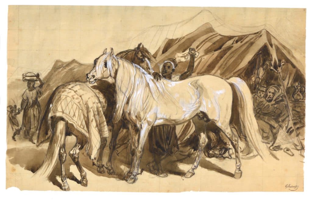 Lalaisse – Dans le désert, le pansage des chevaux devant des tentes