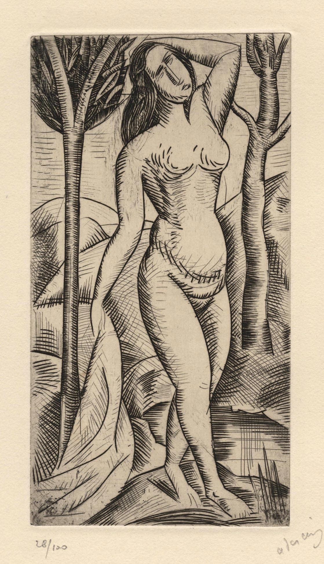 Nude bather standing (Nude with trees)