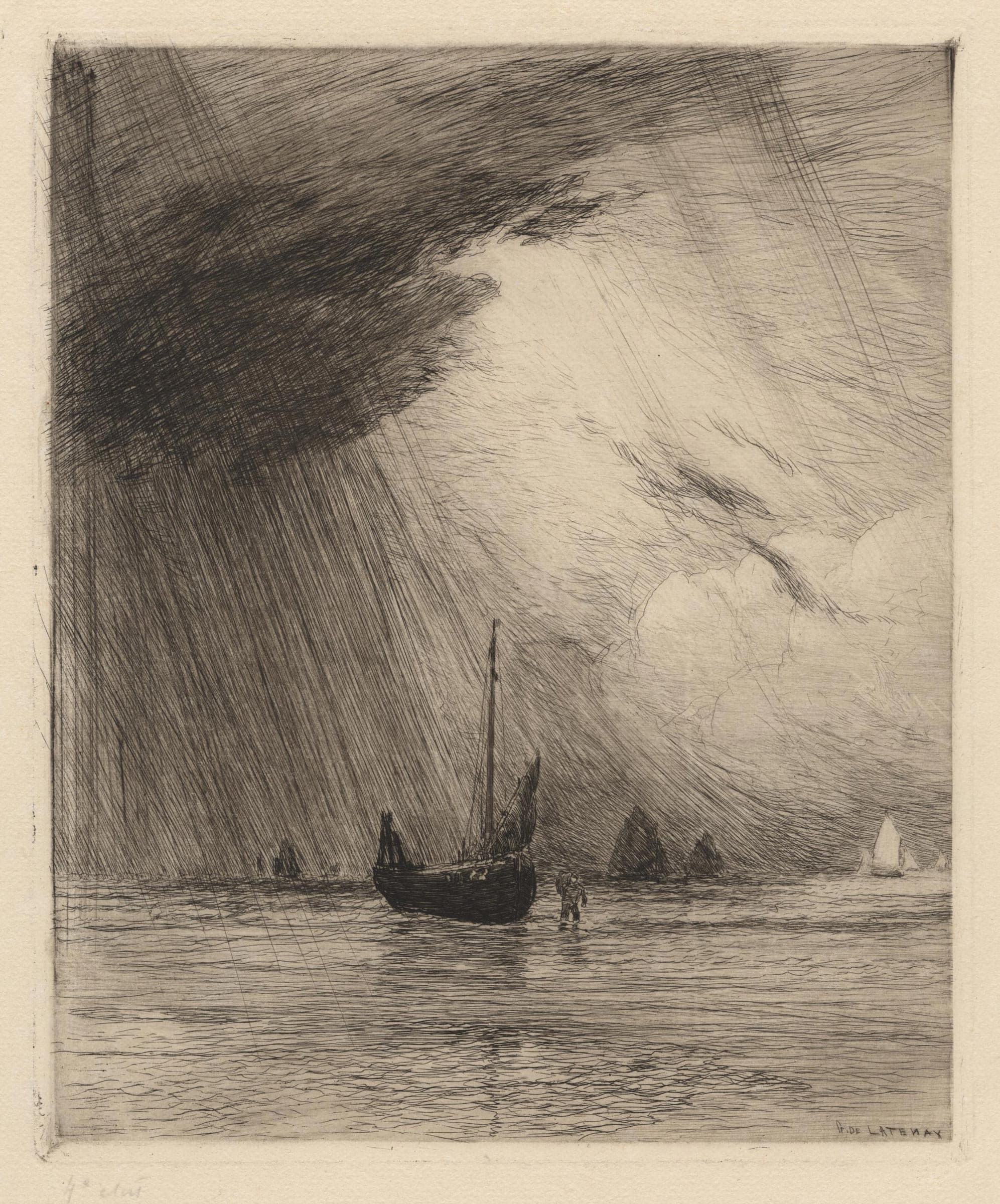 Pluie et soleil : barque de pêche à marée basse sous la pluie